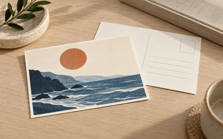 A postcard seen at an angle with its paper edge visible