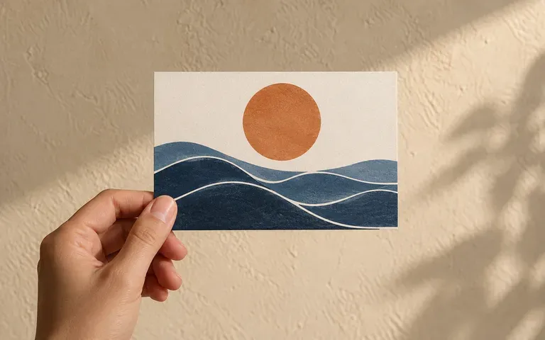 An illustrated postcard held in one hand