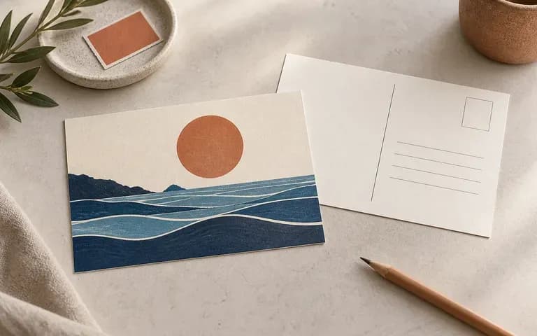 An illustrator presenting both sides of an art postcard