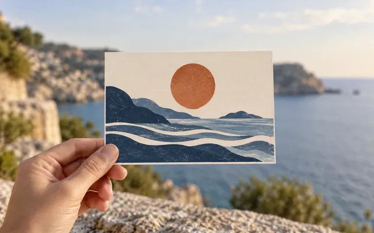 A travel postcard held against a simple background