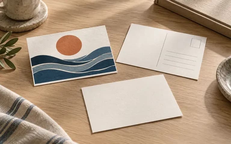 Postcard artwork shown beside a plain paper sample