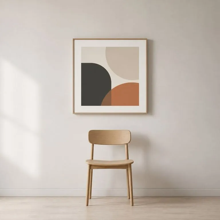 A framed print on an interior wall sized against a chair beneath it