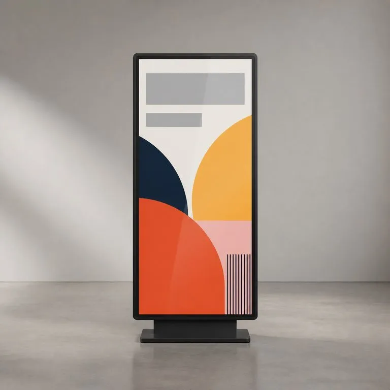 A poster shown on a vertical digital display rather than printed