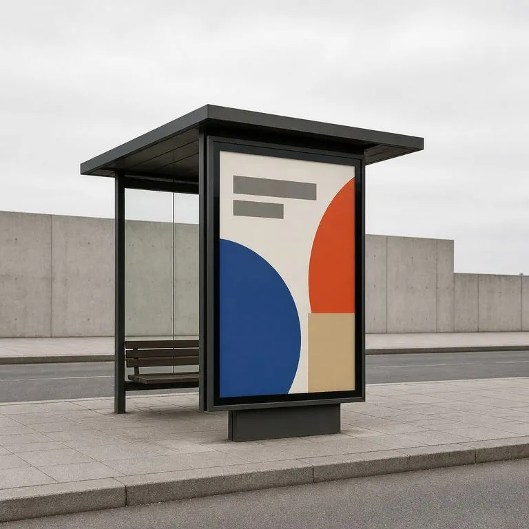 A poster in a transit shelter frame seen from an angle on the pavement