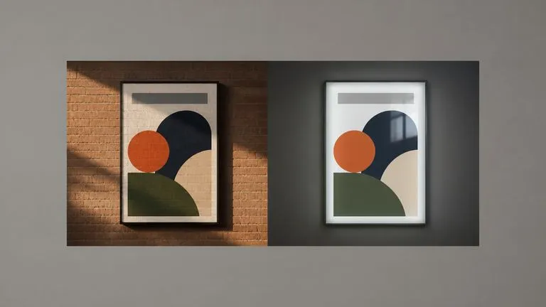 One poster shown under daylight on brick and behind lightbox glass