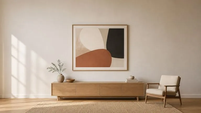 A large art print on a living room wall shown at scale against the furniture