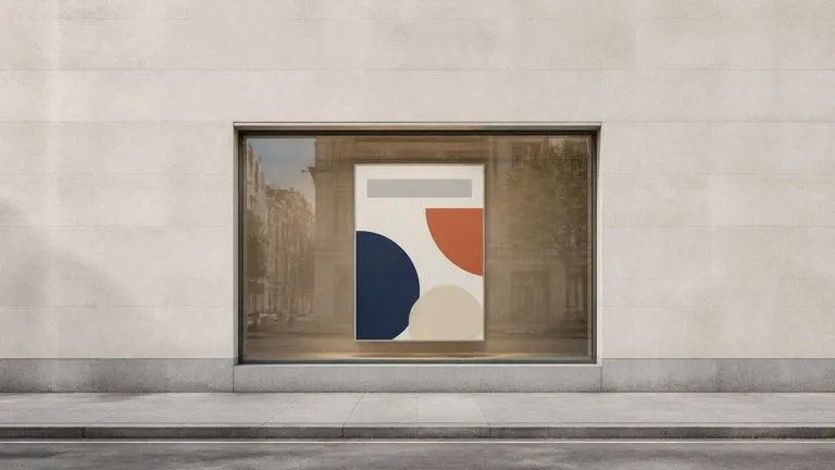 A poster placed in a shop window seen from the pavement
