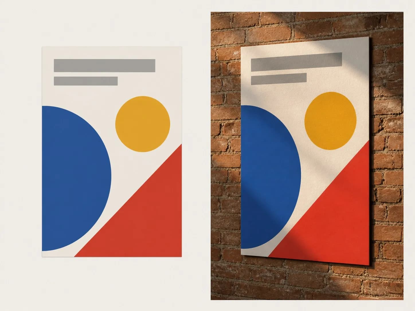 A flat poster artwork on the left and the same artwork mounted on a brick wall on the right