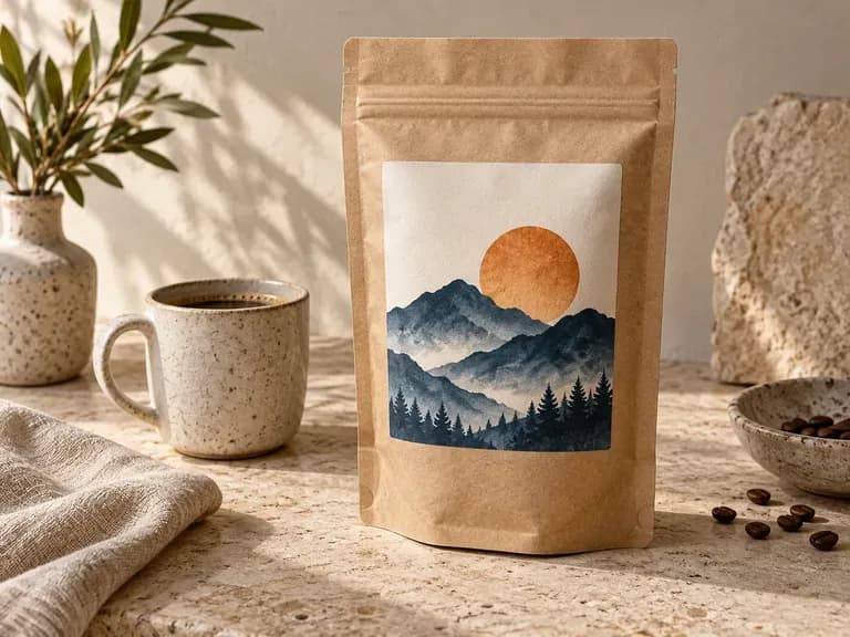 Coffee Pouch Mockup: an existing coffee label shown on the intended bag shape