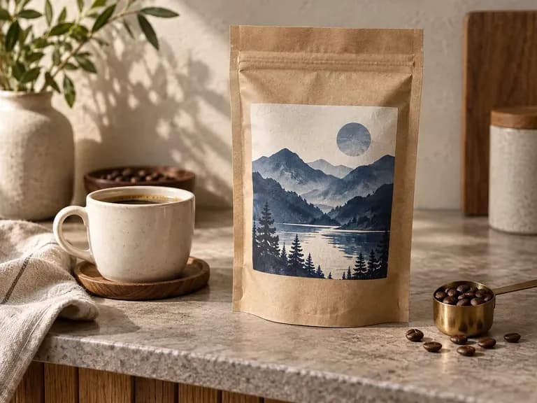 Café Product Concepts: a coffee pouch placed in a described counter setting