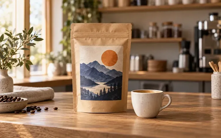 A finished coffee label shown on a bag at a café counter