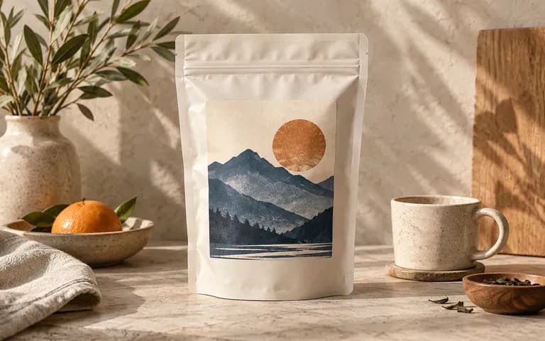 A pouch label reviewed against the requested material appearance