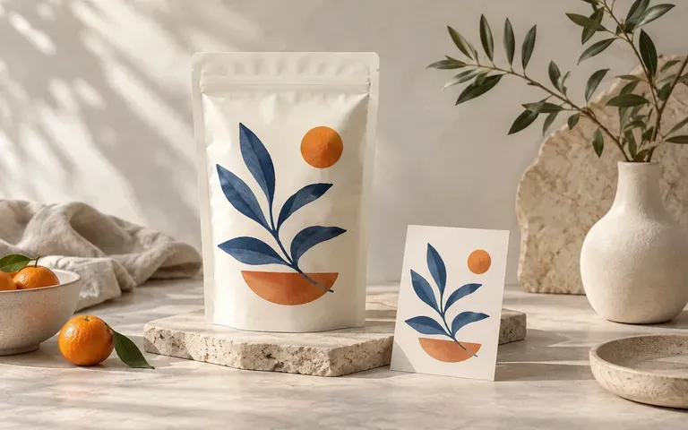 A food brand's pouch artwork shown in a product view