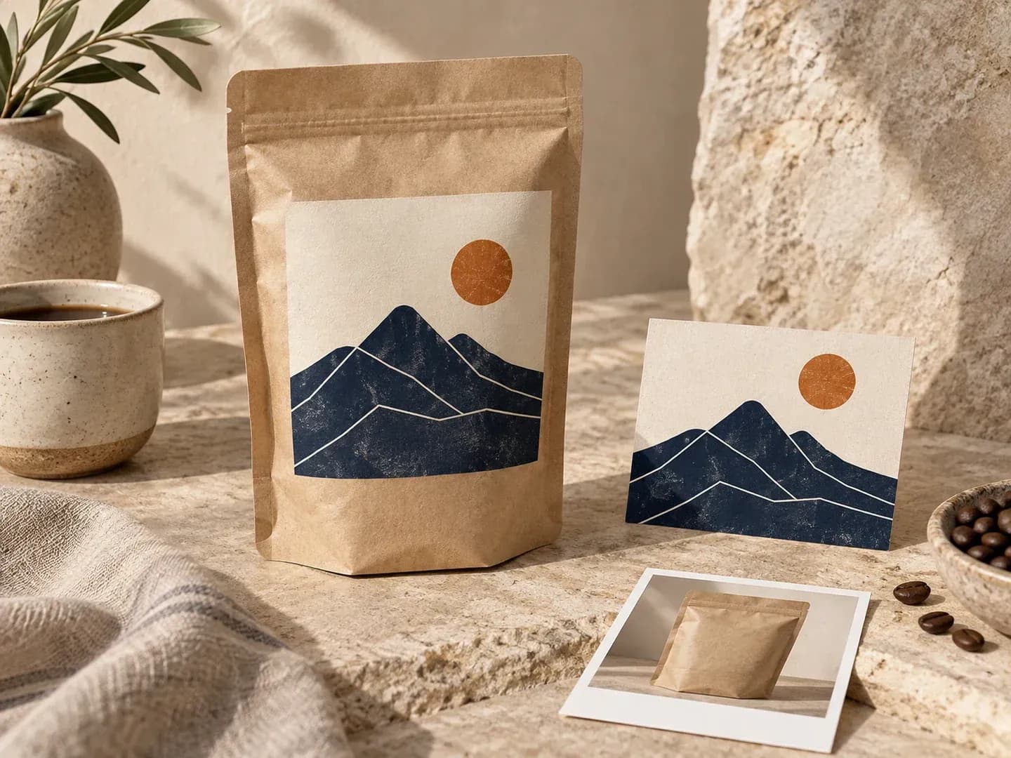 A coffee pouch reference and label shown as a packaging preview