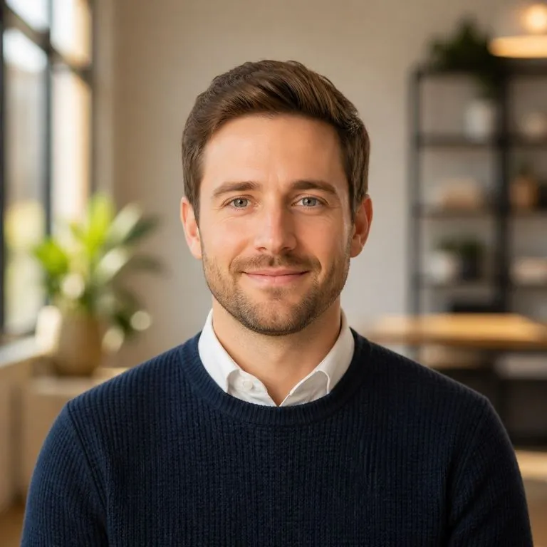 A warmer headshot with a softly blurred office behind
