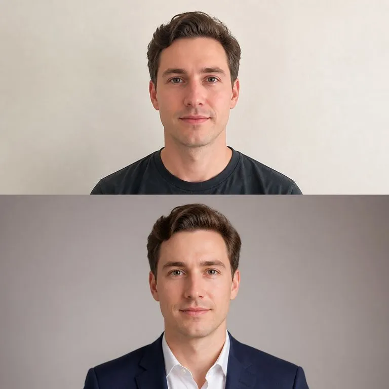 An everyday source photo above the studio headshot made from it