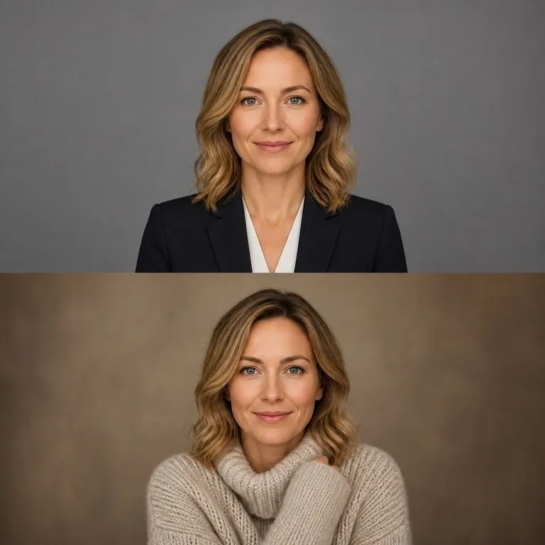 One person shown in a formal and a creative styling side by side