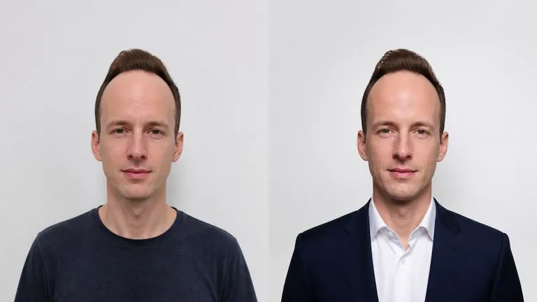A source photo beside a generated headshot with identical facial structure