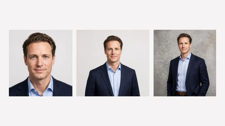 One person's headshots prepared for three different contexts