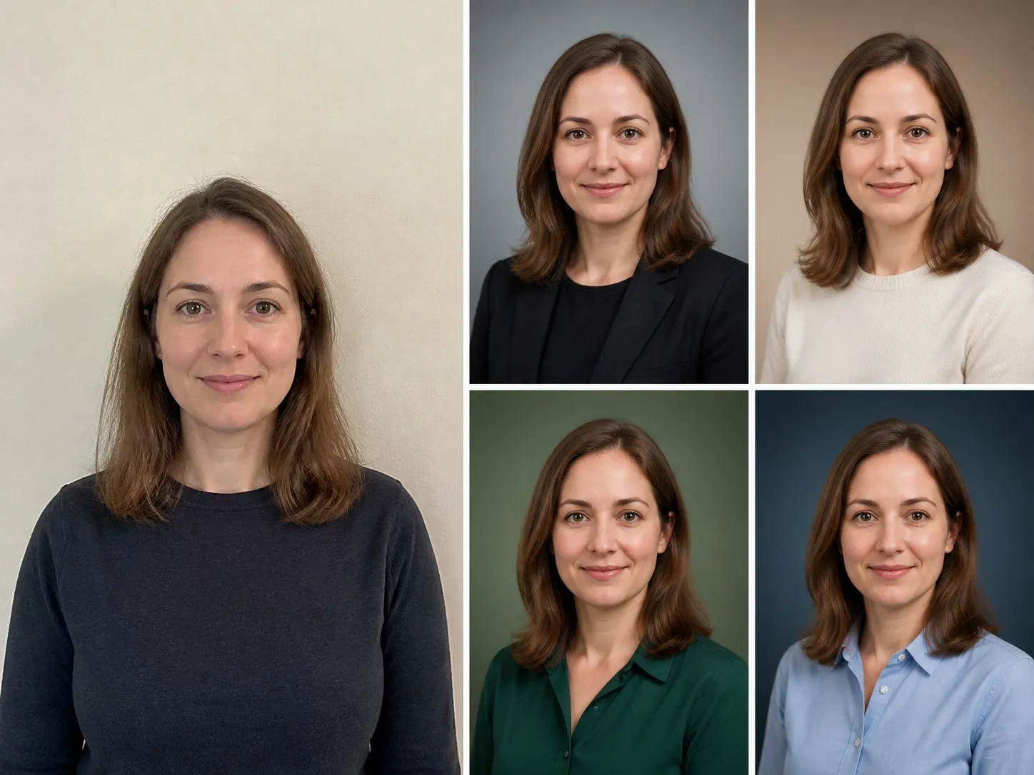 One ordinary phone photo on the left and four studio headshots of the same person on the right
