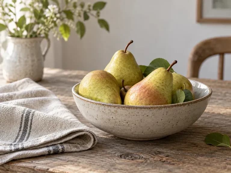 A ceramic bowl of fresh pears beside folded linen