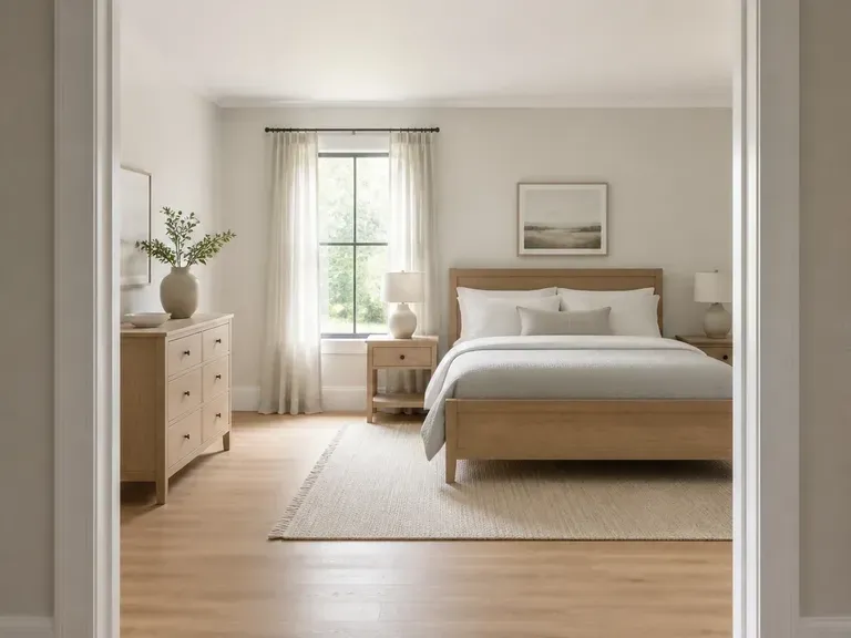 An illustrative room concept with an airy palette and daylight