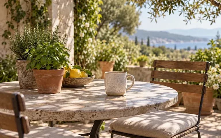 A ceramic mug on a sunlit patio table