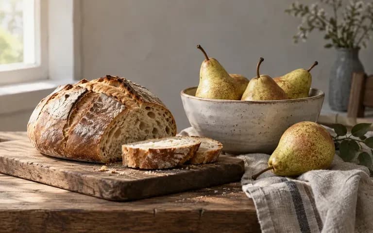 A natural-light still life of bread pears and a ceramic bowl