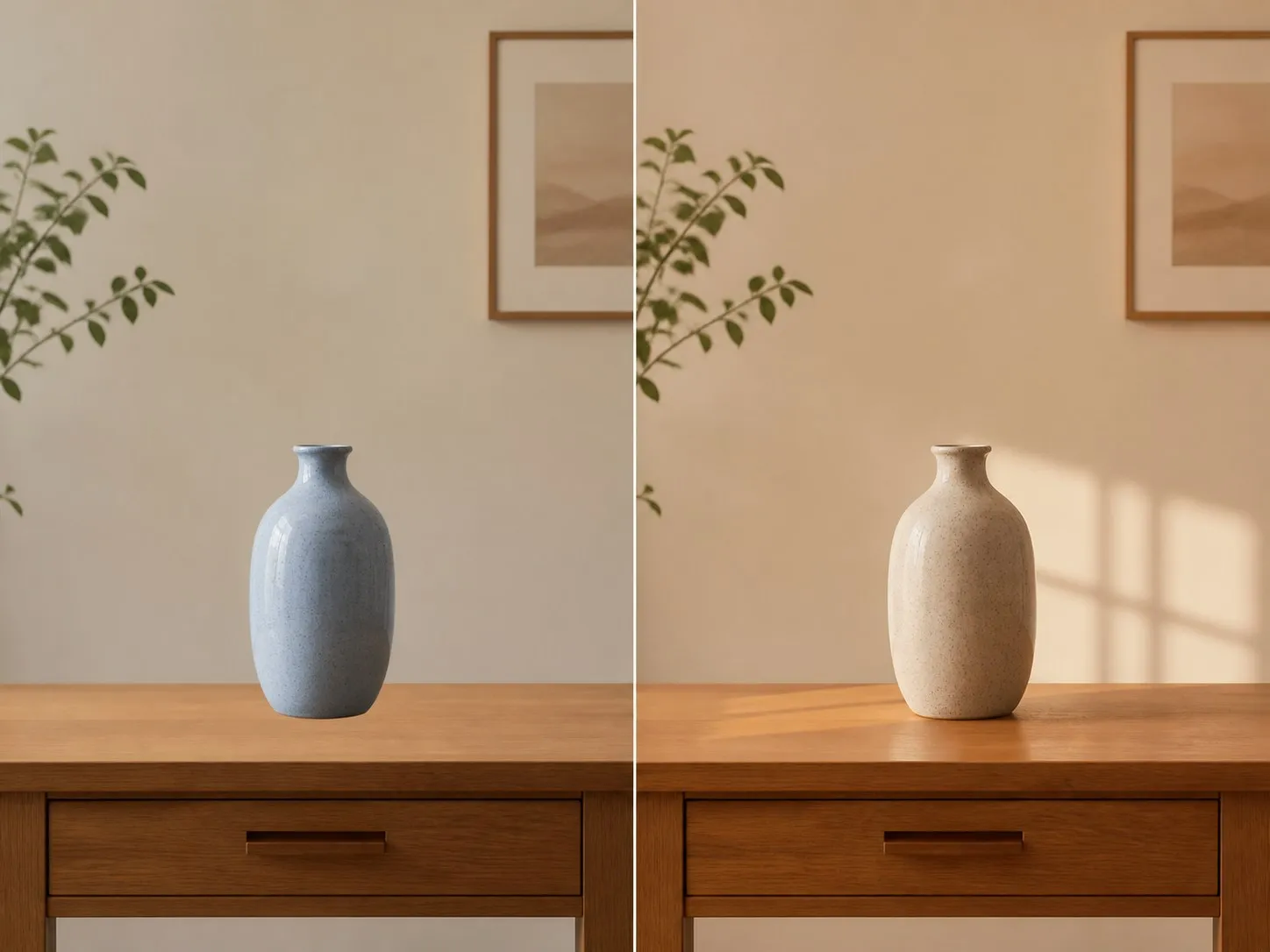 A composite that reads as pasted together on the left and the same frame with its lighting unified on the right