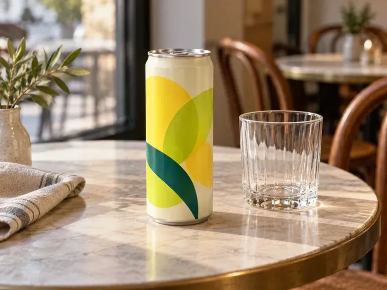 Cafe Drink Presentations: soft drink packaging in a cafe table scene