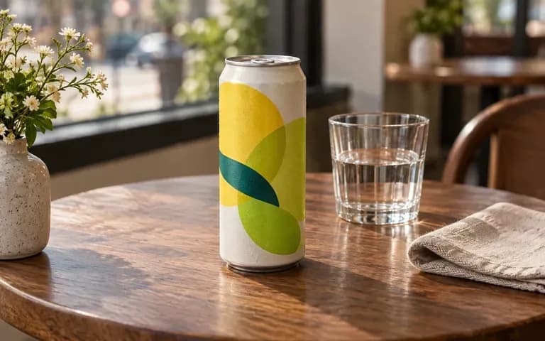 A soda can packaging concept on a cafe table