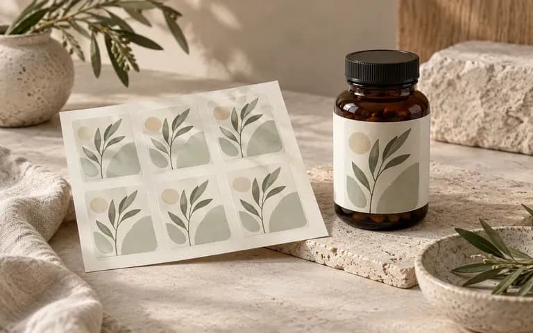 A finished label and its placement on a supplement bottle