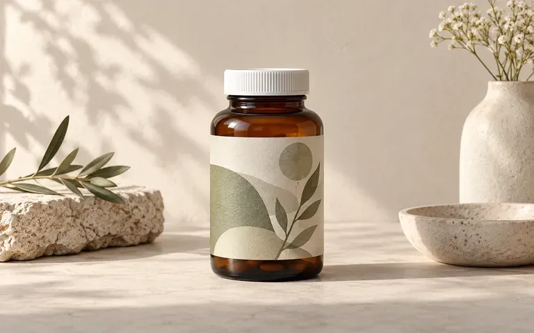 A supplement bottle shown against a neutral presentation background