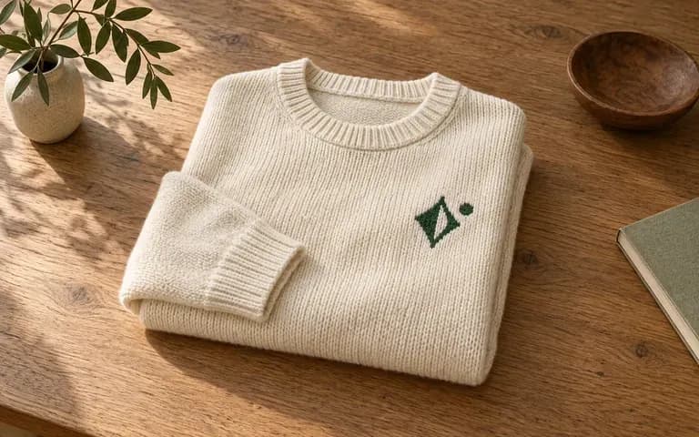 A logo preview against a textured knit surface