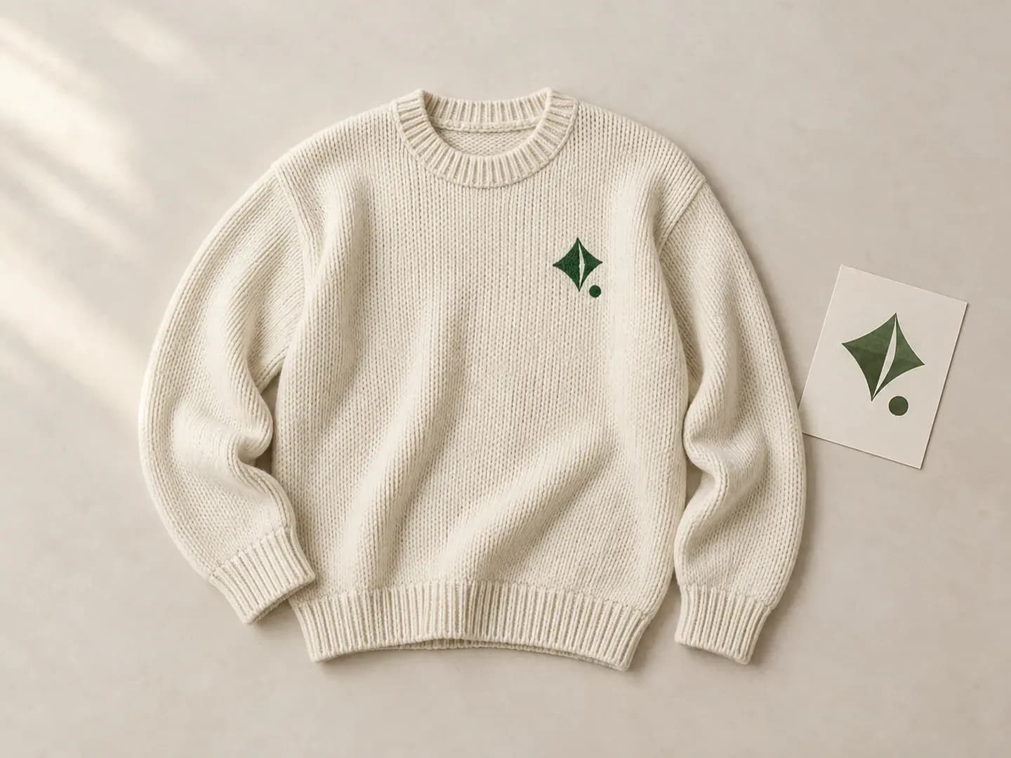 A supplied logo shown on a sweater with visible fabric texture