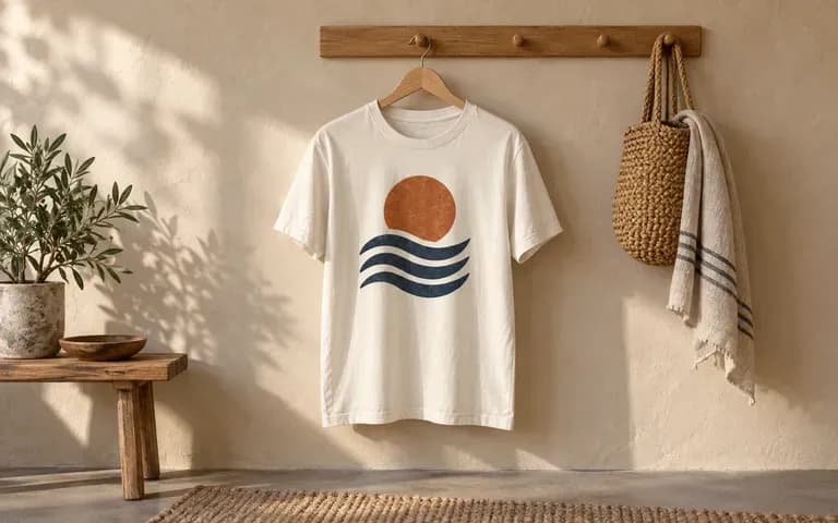 A T-shirt design presented in a hanging garment scene
