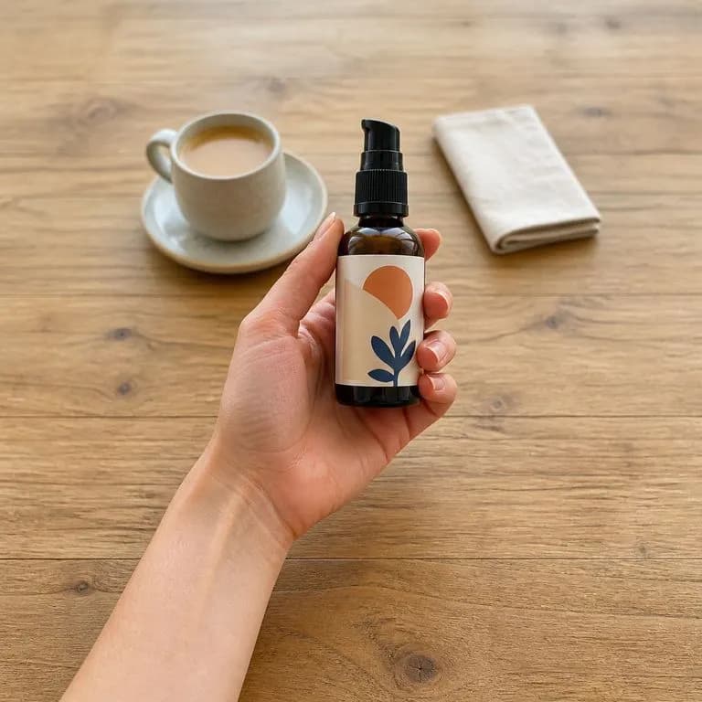 A product held over a café table in soft daylight