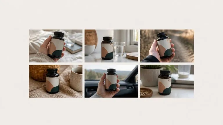 Six variations of one product shot arranged for creative testing
