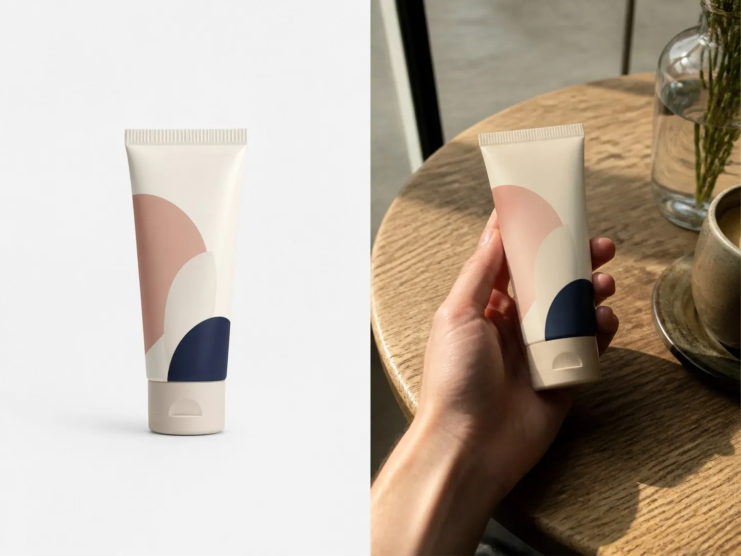 A plain packshot on the left and a candid handheld photo of the same product on the right