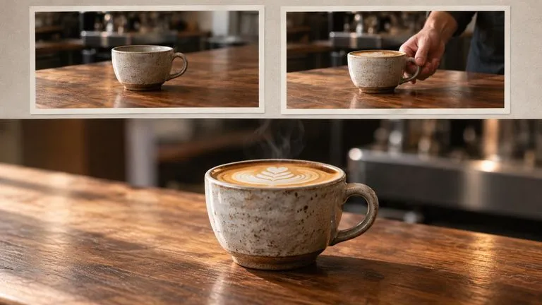 Concept illustration: Production tabletop with two distinct storyboard strips for the same ceramic cup and cafe counter: first strip cup before and after placement, second strip a slower camera view of the finished cup. Pr