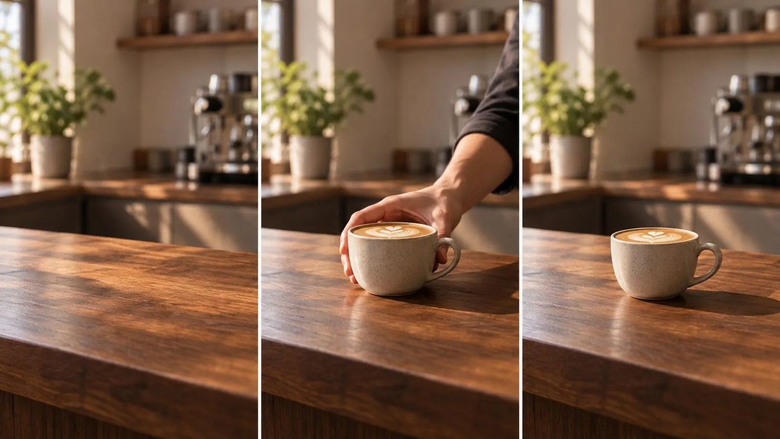 Concept illustration: Static storyboard concept in three wide photographic panels: quiet cafe counter before a cup is placed, a hand sets down the cup, finished cup alone; same walnut counter, warm morning light and fixed