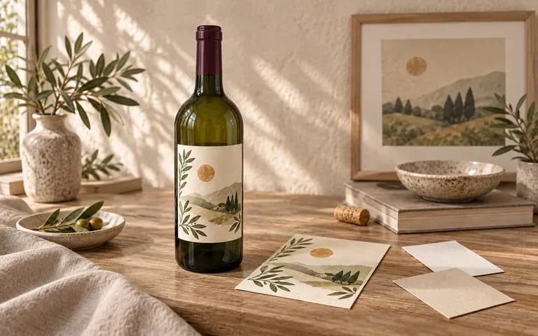 A label designer reviewing the wine bottle's front view