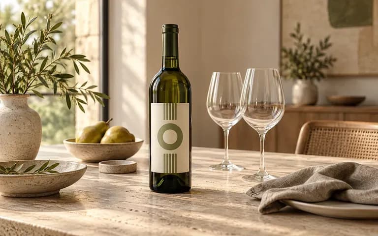 A wine bottle placed in a proposed dining setting