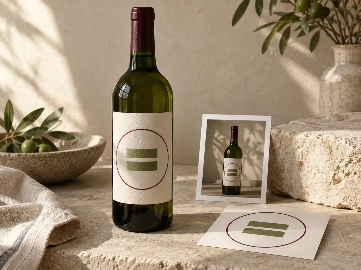 An existing wine label shown on the supplied bottle in a studio view
